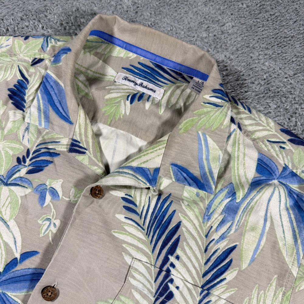 Tommy Bahama IslandZone Shirt Mens L Taupe Blue Silk Coolmax Tropical Palm Leaf